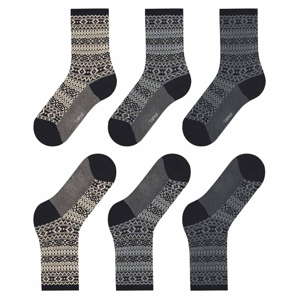 Esprit Sami Black Boot Socks, damstrumpor med skandinavisk mönster, 3 pack