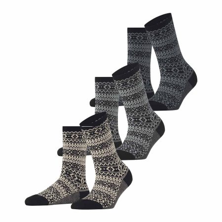 Esprit Sami Black Boot Socks, damstrumpor med skandinavisk mönster, 3 pack